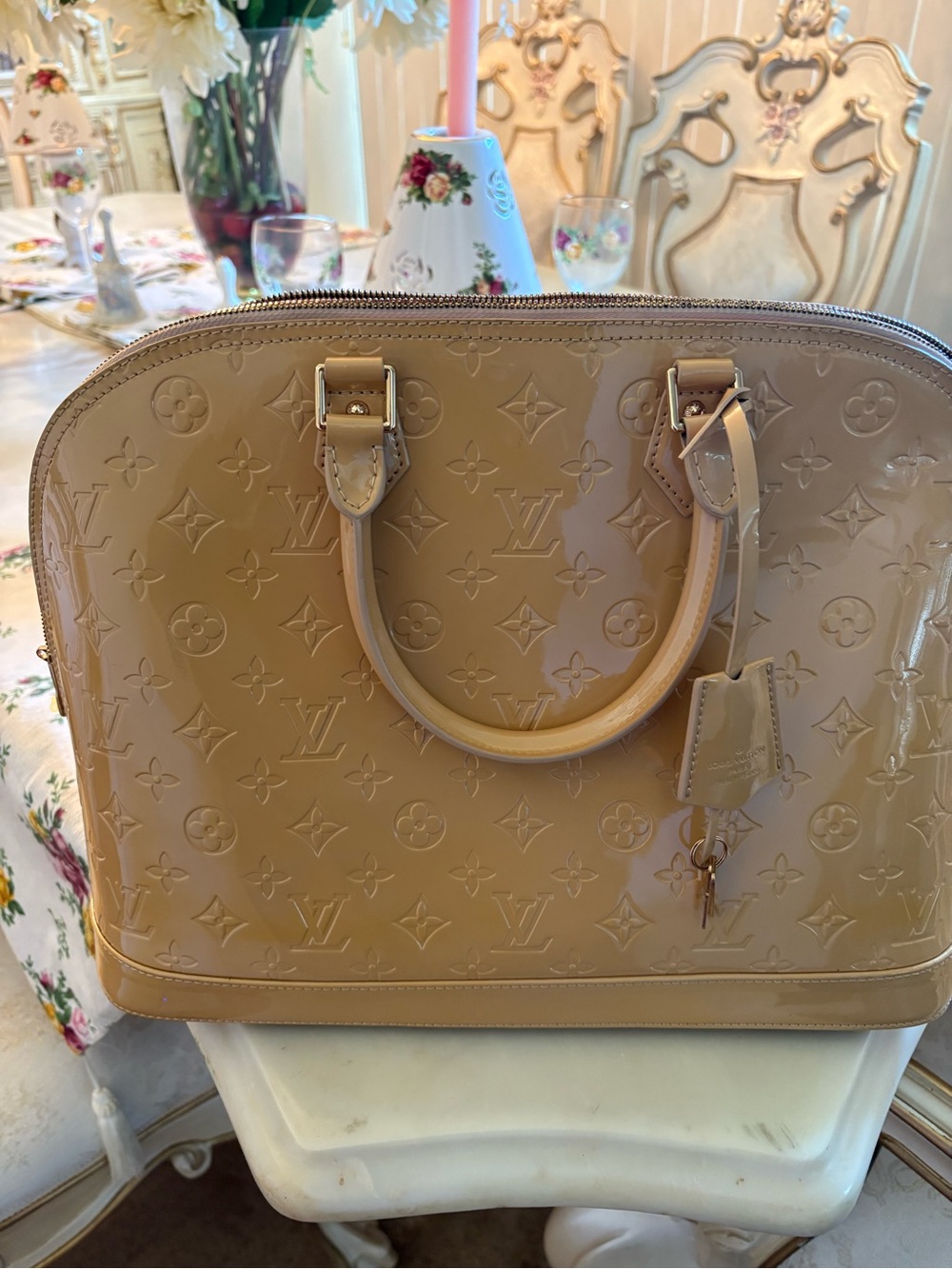 Louis Vuitton Beige Patent Monogram Alma Satchel